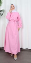 Toka Detaylı Kuşaklı Terikoton Elbise Pembe  HNT0332