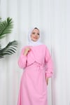 Toka Detaylı Kuşaklı Terikoton Elbise Pembe  HNT0332