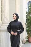 Beli Tokalı Pile Detaylı Elbise Siyah  HNT10111