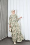  Yarım Pat  Düğmeli Papatya  Desenli Modal Kumaş Elbise Yeşil   HNT2129