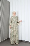  Yarım Pat  Düğmeli Papatya  Desenli Modal Kumaş Elbise Yeşil   HNT2129