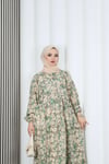  Yarım Pat  Düğmeli Papatya  Desenli Modal Kumaş Elbise Yeşil   HNT2129