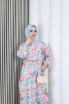 Kadın Modal Kumaş Çiçek Desenli Tesettür Yarım Pat Düğmeli Yazlık Elbise Bebe Mavisi   HNT2130