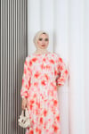 Kadın Modal Kumaş Çiçek Desenli Tesettür Yarım Pat Düğmeli Yazlık Elbise Pembe  HNT2130