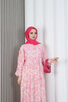  Kadın Modal Kumaş Şal Desen Tesettür  Yarım Pat Düğmeli  Yazlık Elbise Pembe HNT2131
