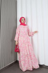  Kadın Modal Kumaş Şal Desen Tesettür  Yarım Pat Düğmeli  Yazlık Elbise Pembe HNT2131