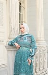 Desenli Boydan Piliseli Kemerli Şifon Elbise Mint Yeşili  HNT2968