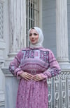 Desenli Boydan Piliseli Kemerli Şifon Elbise Pudra  HNT2968