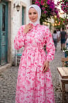 Çiçek Desenli Yarım Düğmeli Modal Desenli Elbise Pembe  7014-1