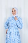Çiçek Desenli Yarım Düğmeli Modal Desenli Elbise Bebe Mavisi  7014-1