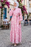 Şal Desen Yarım Düğmeli Modal Desenli Elbise Pembe 7014
