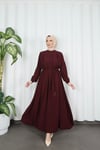 Biritli Bağcıklı  Tesettür Elbise Bordo  HNT7134