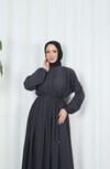Biritli Bağcıklı  Tesettür Elbise Antrasit   HNT7134