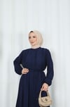 Biritli Kuşaklı Tesettür Elbise Lacivert  HNT7134