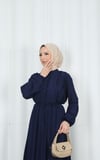 Biritli Kuşaklı Tesettür Elbise Lacivert  HNT7134