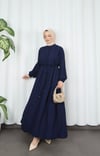 Biritli Kuşaklı Tesettür Elbise Lacivert  HNT7134