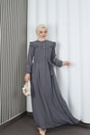 Omzu Ve Önü Fırfırlı Kuşaklı Ayrobin Tesettür Elbise Gri   HNT7345