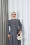 Omzu Ve Önü Fırfırlı Kuşaklı Ayrobin Tesettür Elbise Gri   HNT7345