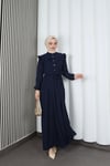 Omzu Ve Önü Fırfırlı Kuşaklı Ayrobin Tesettür Elbise Lacivert  HNT7345