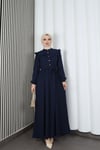 Omzu Ve Önü Fırfırlı Kuşaklı Ayrobin Tesettür Elbise Lacivert  HNT7345