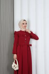 Omzu Ve Önü Fırfırlı Kuşaklı Ayrobin Tesettür Elbise Bordo  HNT7345