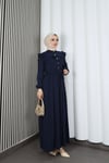 Omzu Ve Önü Fırfırlı Kuşaklı Ayrobin Tesettür Elbise Lacivert  HNT7345