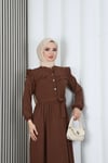 Omzu Ve Önü Fırfırlı Kuşaklı Ayrobin Tesettür Elbise Kahverengi  HNT7345