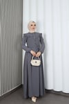 Omzu Ve Önü Fırfırlı Kuşaklı Ayrobin Tesettür Elbise Gri   HNT7345