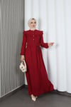 Omzu Ve Önü Fırfırlı Kuşaklı Ayrobin Tesettür Elbise Bordo  HNT7345