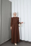 Omzu Ve Önü Fırfırlı Kuşaklı Ayrobin Tesettür Elbise Kahverengi  HNT7345