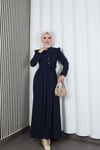 Omzu Ve Önü Fırfırlı Kuşaklı Ayrobin Tesettür Elbise Lacivert  HNT7345