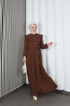 Omzu Ve Önü Fırfırlı Kuşaklı Ayrobin Tesettür Elbise Kahverengi  HNT7345