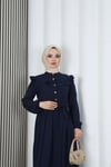 Omzu Ve Önü Fırfırlı Kuşaklı Ayrobin Tesettür Elbise Lacivert  HNT7345