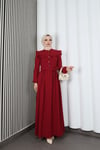 Omzu Ve Önü Fırfırlı Kuşaklı Ayrobin Tesettür Elbise Bordo  HNT7345