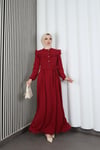 Omzu Ve Önü Fırfırlı Kuşaklı Ayrobin Tesettür Elbise Bordo  HNT7345