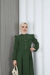 Omzu Ve Önü Fırfırlı Kuşaklı Ayrobin Tesettür Elbise Haki   HNT7345