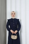 Omzu Ve Önü Fırfırlı Kuşaklı Ayrobin Tesettür Elbise Lacivert  HNT7345