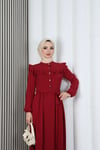 Omzu Ve Önü Fırfırlı Kuşaklı Ayrobin Tesettür Elbise Bordo  HNT7345