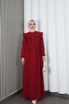 Omzu Ve Önü Fırfırlı Kuşaklı Ayrobin Tesettür Elbise Bordo  HNT7345