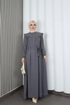 Omzu Ve Önü Fırfırlı Kuşaklı Ayrobin Tesettür Elbise Gri   HNT7345