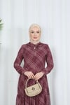 Desenli  Kuşaklı  Yakası Fırfırlı Şifon Elbise Bordo  HNT7354