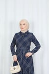 Desenli  Kuşaklı  Yakası Fırfırlı Şifon Elbise Lacivert  HNT7354