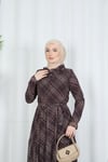 Desenli  Kuşaklı  Yakası Fırfırlı Şifon Elbise Acı Kahve   HNT7354