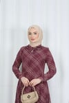 Desenli  Kuşaklı  Yakası Fırfırlı Şifon Elbise Bordo  HNT7354