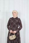 Desenli  Kuşaklı  Yakası Fırfırlı Şifon Elbise Acı Kahve   HNT7354