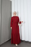 Yarım Pat Düğmeli Beli Bağcıklı Ayrobin Elbise Bordo HNT85451