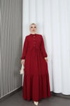 Yarım Pat Düğmeli Beli Bağcıklı Ayrobin Elbise Bordo HNT85451