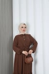 Yarım Pat Düğmeli Beli Bağcıklı Ayrobin Elbise Kahverengi  HNT85451