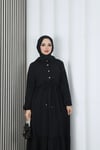 Yarım Pat Düğmeli Beli Bağcıklı Ayrobin Elbise Siyah  HNT85451