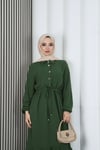 Yarım Pat Düğmeli Beli Bağcıklı Ayrobin Elbise Haki   HNT85451